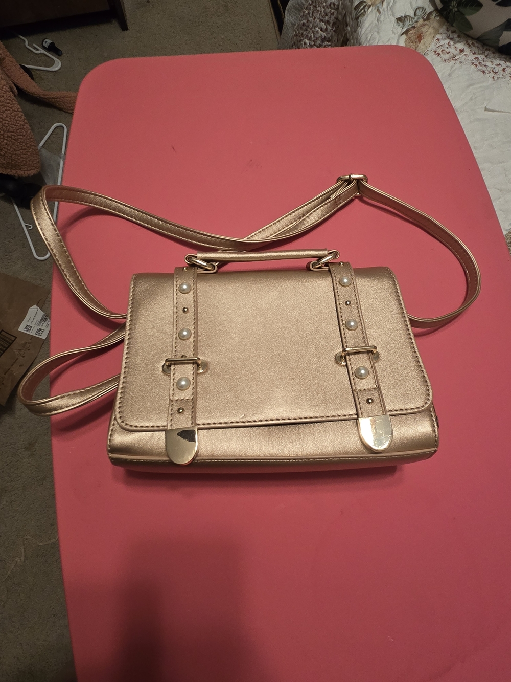 Gold Women's Crossbody Satchel Bag with Pearl Strap Accents